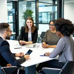 A professional team collaboration scene with diverse finance and tech professionals working together in a modern office Clean minimal design neutral colors warm but professional atmosphere No posed smiles focus on interaction and problemsolving